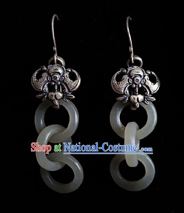 Chinese Handmade Court White Jade Rings Earrings Traditional Hanfu Ear Jewelry Accessories Classical Silver Bat Eardrop for Women