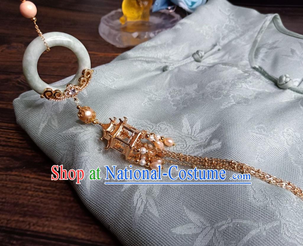 Chinese Classical Golden Palace Brooch Traditional Hanfu Accessories Handmade Cheongsam Jade Breastpin Pearls Tassel Pendant for Women