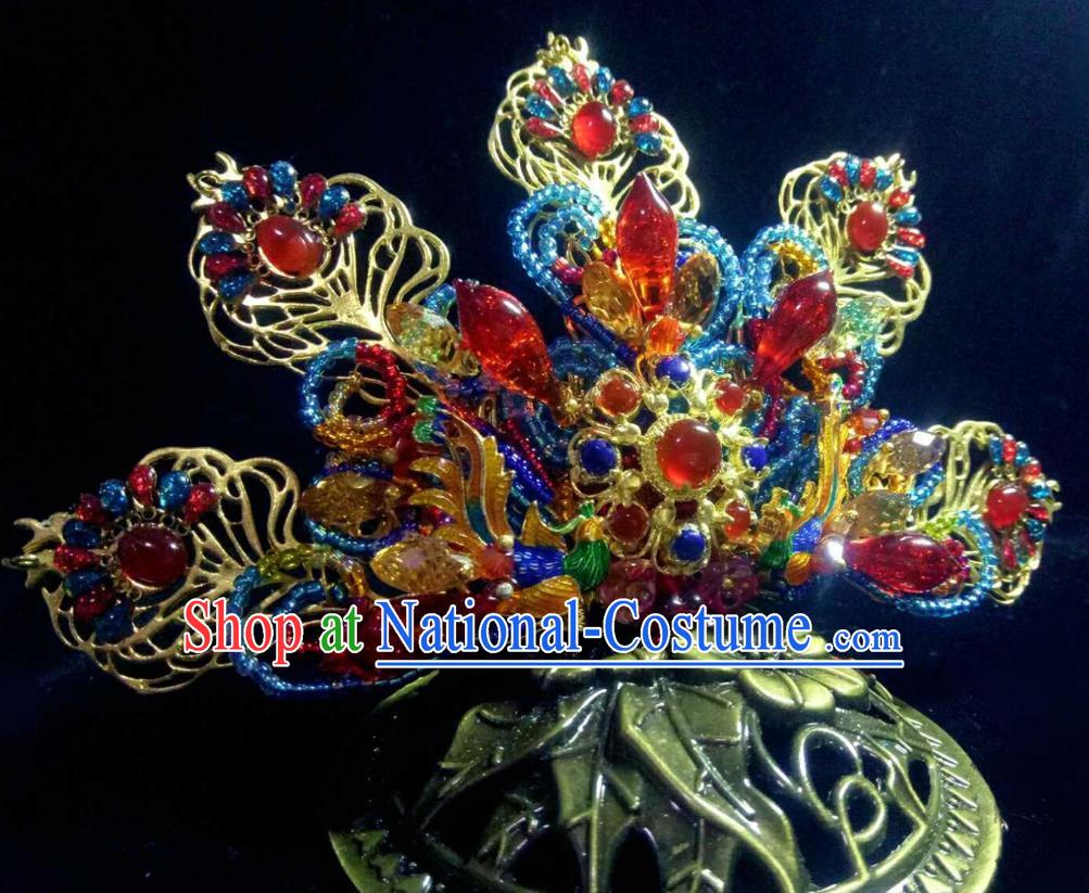 Handmade Chinese Bride Gems Hair Crown Hairpins Traditional Hanfu Hair Accessories Ancient Qing Dynasty Court Hair Clip for Women