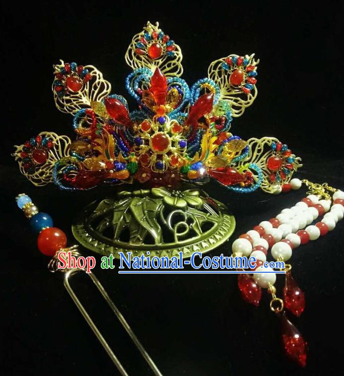 Handmade Chinese Bride Gems Hair Crown Hairpins Traditional Hanfu Hair Accessories Ancient Qing Dynasty Court Hair Clip for Women