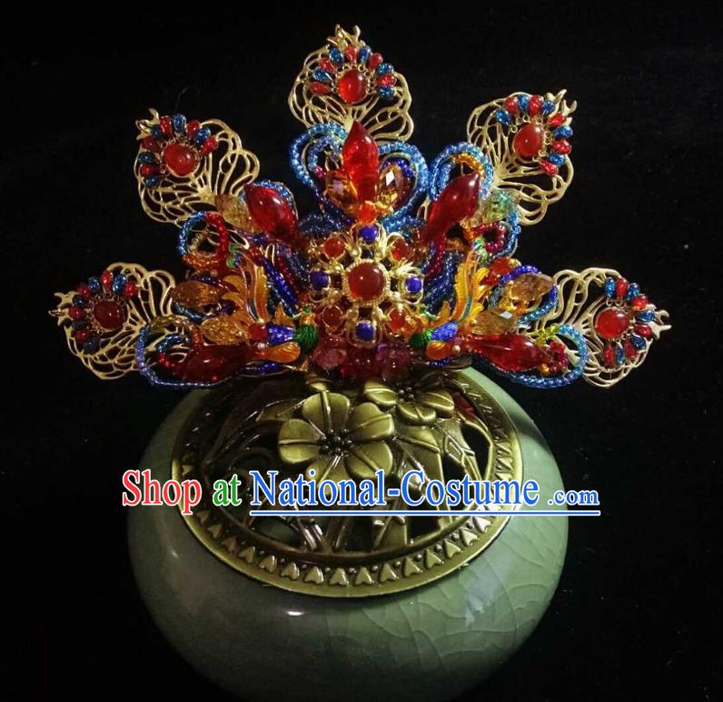 Handmade Chinese Bride Gems Hair Crown Hairpins Traditional Hanfu Hair Accessories Ancient Qing Dynasty Court Hair Clip for Women