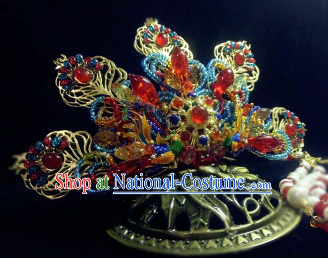 Handmade Chinese Bride Gems Hair Crown Hairpins Traditional Hanfu Hair Accessories Ancient Qing Dynasty Court Hair Clip for Women