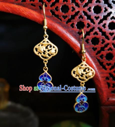 Chinese Handmade Qing Dynasty Silver Earrings Traditional Hanfu Ear Jewelry Accessories Classical Court Blueing Cucurbit Eardrop for Women