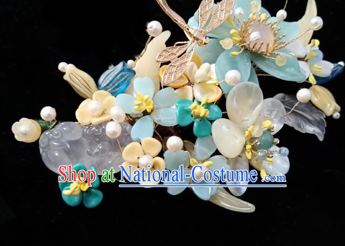 Handmade Chinese Amazonite Flowers Hair Stick Hairpins Traditional Hanfu Hair Accessories Ancient Court Dragonfly Hair Claw for Women