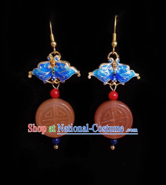 Chinese Handmade Court Red Jade Earrings Traditional Hanfu Ear Jewelry Accessories Classical Cloisonne Butterfly Eardrop for Women