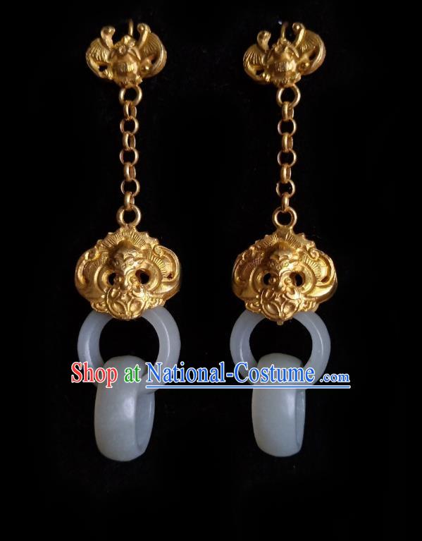 Chinese Handmade Court Carving Golden Earrings Traditional Hanfu Ear Jewelry Accessories Classical Jade Rings Eardrop for Women