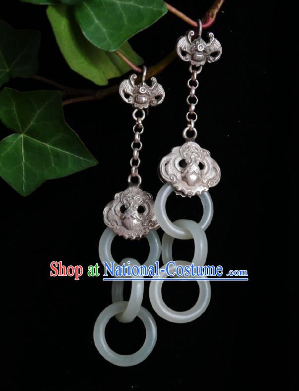 Chinese Handmade Court Silver Carving Earrings Traditional Hanfu Ear Jewelry Accessories Classical Hetian Jade Rings Eardrop for Women