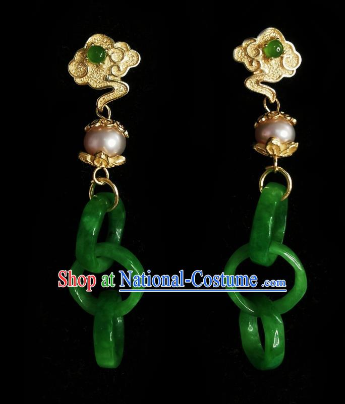 Chinese Handmade Court Golden Cloud Earrings Traditional Hanfu Ear Jewelry Accessories Classical Green Jade Rings Eardrop for Women