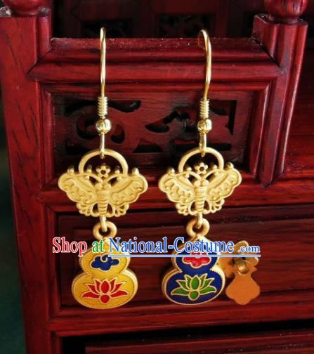 Chinese Handmade Qing Dynasty Golden Butterfly Earrings Traditional Hanfu Ear Jewelry Accessories Classical Court Cloisonne Eardrop for Women