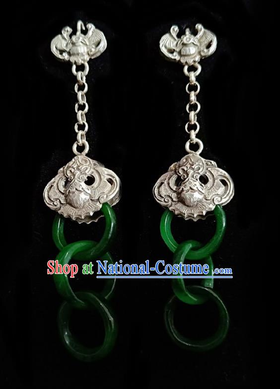 Chinese Handmade Court Silver Bat Earrings Traditional Hanfu Ear Jewelry Accessories Classical Green Jade Rings Eardrop for Women