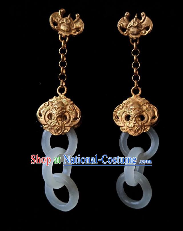 Chinese Handmade Court Golden Bat Earrings Traditional Hanfu Ear Jewelry Accessories Classical White Jade Rings Eardrop for Women