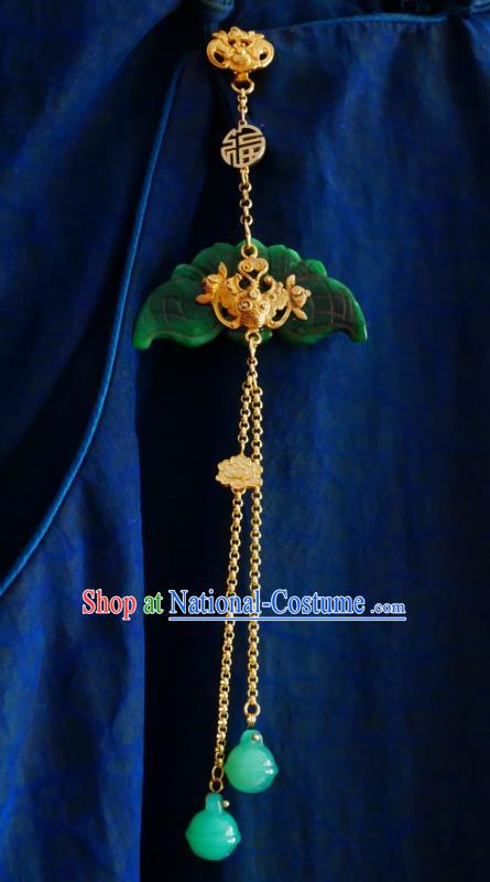 Chinese Classical Golden Bat Brooch Traditional Hanfu Cheongsam Accessories Handmade Jade Tassel Breastpin Pendant for Women