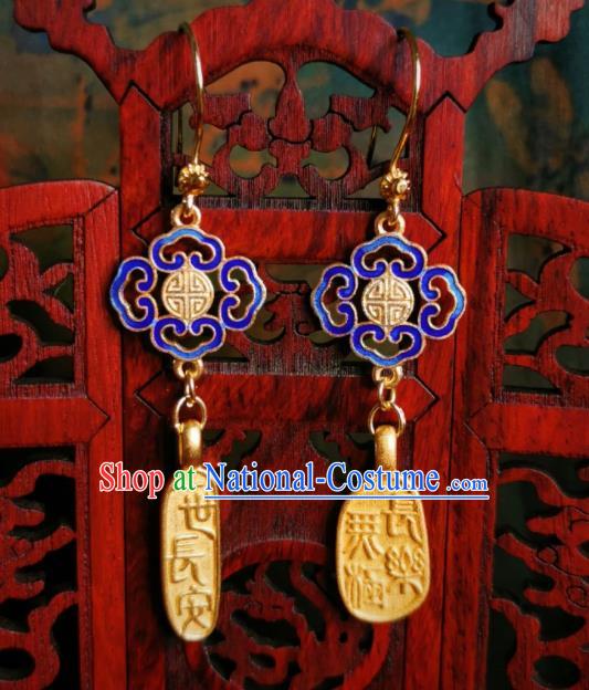 Chinese Handmade Qing Dynasty Blueing Earrings Traditional Hanfu Ear Jewelry Accessories Classical Court Golden Eardrop for Women