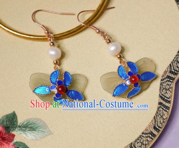 Chinese Handmade Qing Dynasty Blueing Earrings Traditional Hanfu Ear Jewelry Accessories Classical Court Jade Butterfly Eardrop for Women