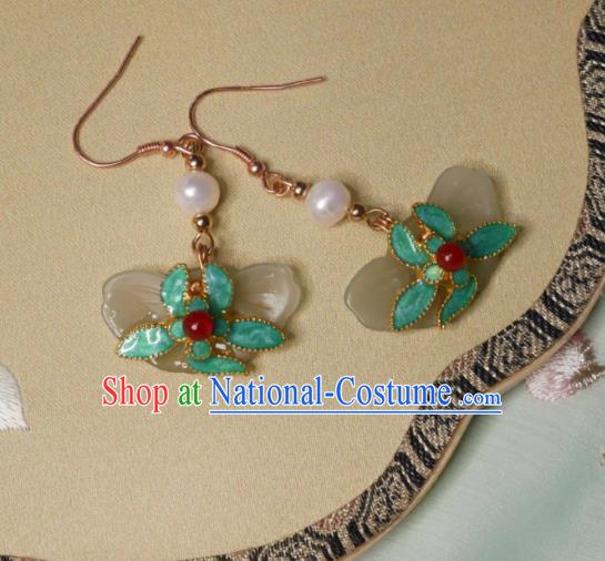 Chinese Handmade Qing Dynasty Green Flower Earrings Traditional Hanfu Ear Jewelry Accessories Classical Court Jade Butterfly Eardrop for Women