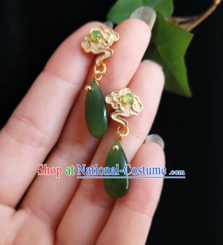 Chinese Handmade Qing Dynasty Golden Cloud Earrings Traditional Hanfu Ear Jewelry Accessories Classical Court Jade Eardrop for Women