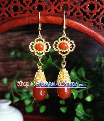 Chinese Handmade Qing Dynasty Agate Earrings Traditional Hanfu Ear Jewelry Accessories Classical Red Eardrop for Women