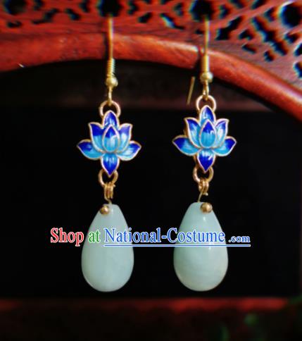 Chinese Handmade Qing Dynasty Jade Earrings Traditional Hanfu Ear Jewelry Accessories Classical Blueing Lotus Eardrop for Women