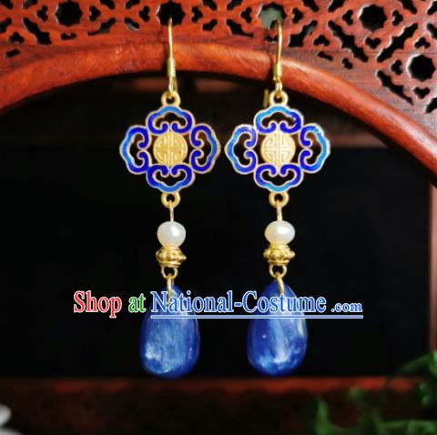 Chinese Handmade Qing Dynasty Blue Stone Earrings Traditional Hanfu Ear Jewelry Accessories Classical Lucky Eardrop for Women