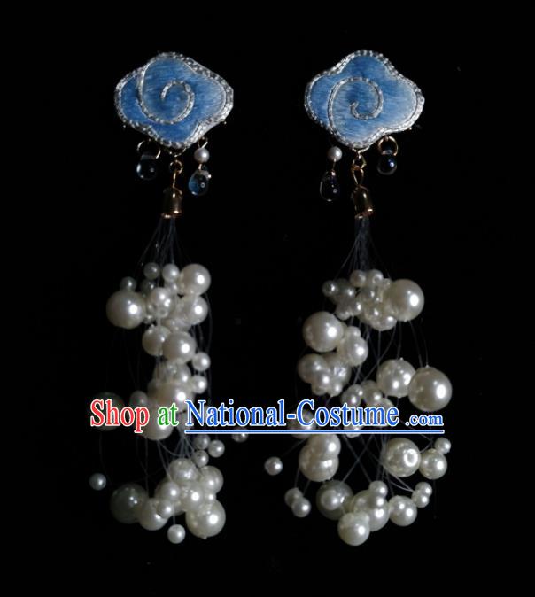 Chinese Handmade Embroidered Blue Cloud Earrings Traditional Hanfu Ear Jewelry Accessories Classical Pearls Eardrop for Women