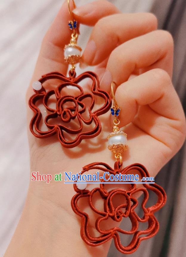 Chinese Handmade Earrings Traditional Hanfu Ear Jewelry Accessories Classical Red Silk Eardrop for Women