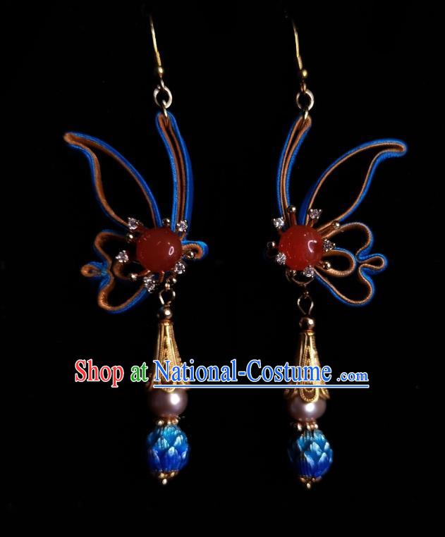 Chinese Handmade Agate Earrings Traditional Hanfu Ear Jewelry Accessories Classical Cloisonne Silk Butterfly Eardrop for Women