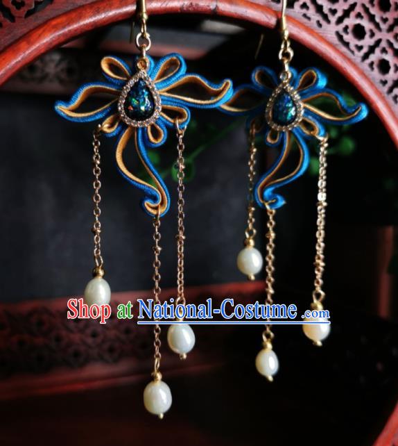 Chinese Handmade Green Stone Earrings Traditional Hanfu Ear Jewelry Accessories Classical Silk Flower Tassel Eardrop for Women