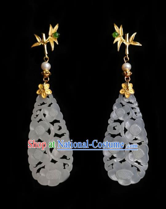 Chinese Handmade Golden Bamboo Earrings Traditional Hanfu Ear Jewelry Accessories Classical Jade Carving Eardrop for Women