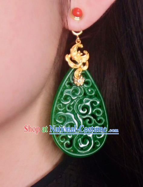 Chinese Handmade Earrings Traditional Hanfu Ear Jewelry Accessories Classical Green Jade Carving Eardrop for Women