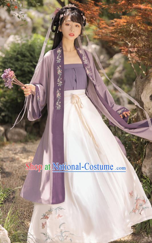 Top Chinese Song Dynasty Young Lady Costumes Traditional Hanfu Garment Ancient Village Girl Embroidered BeiZi Top and Skirt Complete Set