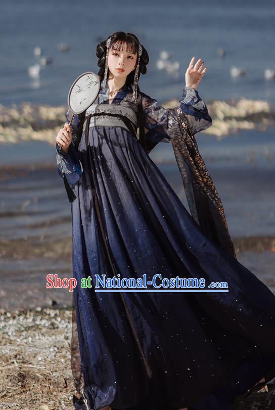 Chinese Tang Dynasty Court Lady Historical Costumes Traditional Hanfu Garment Ancient Princess Navy Blouse and Chiffon Dress for Women