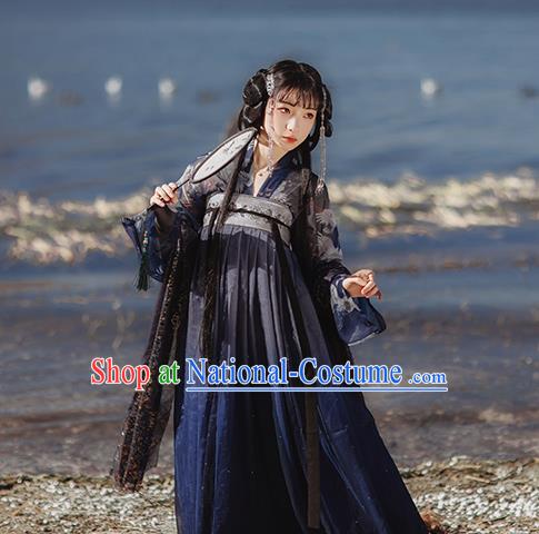 Chinese Tang Dynasty Court Lady Historical Costumes Traditional Hanfu Garment Ancient Princess Navy Blouse and Chiffon Dress for Women