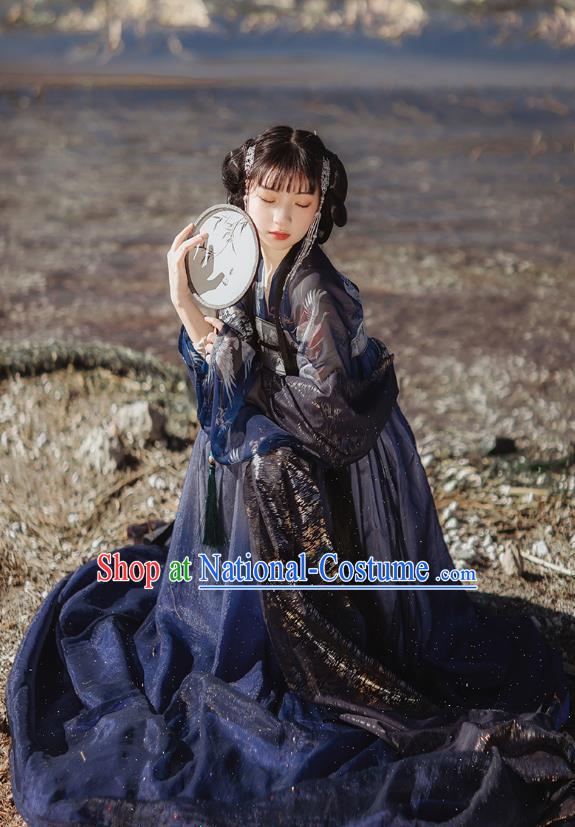 Chinese Tang Dynasty Court Lady Historical Costumes Traditional Hanfu Garment Ancient Princess Navy Blouse and Chiffon Dress for Women