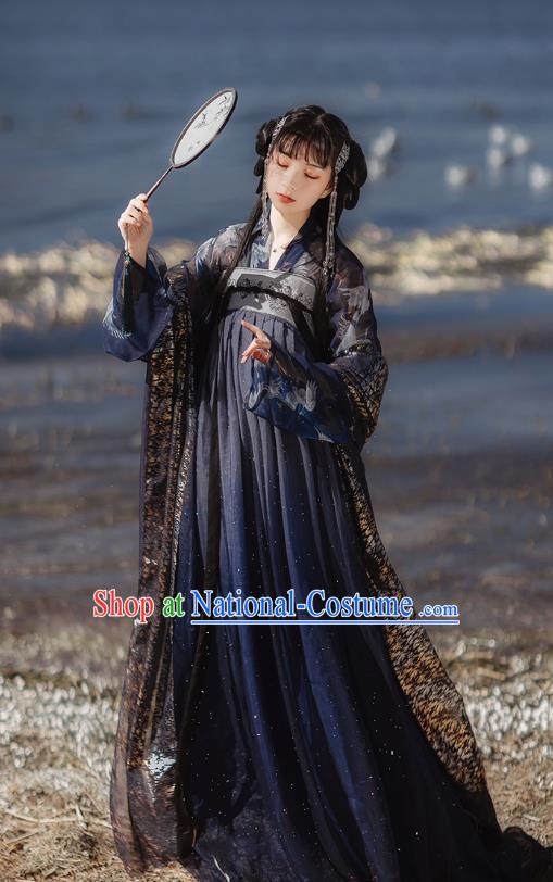 Chinese Tang Dynasty Court Lady Historical Costumes Traditional Hanfu Garment Ancient Princess Navy Blouse and Chiffon Dress for Women