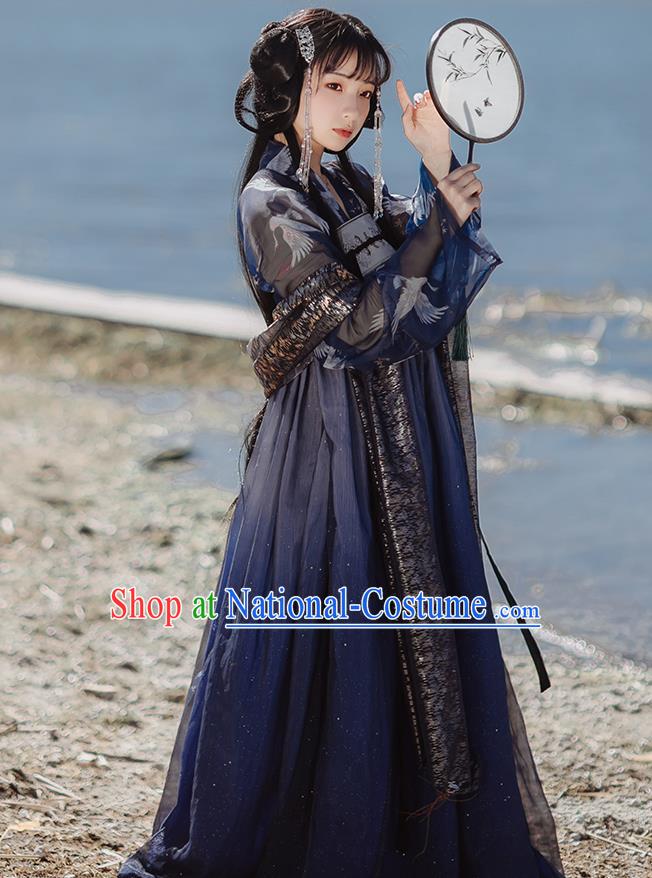 Chinese Tang Dynasty Court Lady Historical Costumes Traditional Hanfu Garment Ancient Princess Navy Blouse and Chiffon Dress for Women