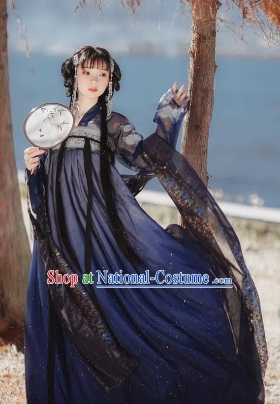 Chinese Tang Dynasty Court Lady Historical Costumes Traditional Hanfu Garment Ancient Princess Navy Blouse and Chiffon Dress for Women