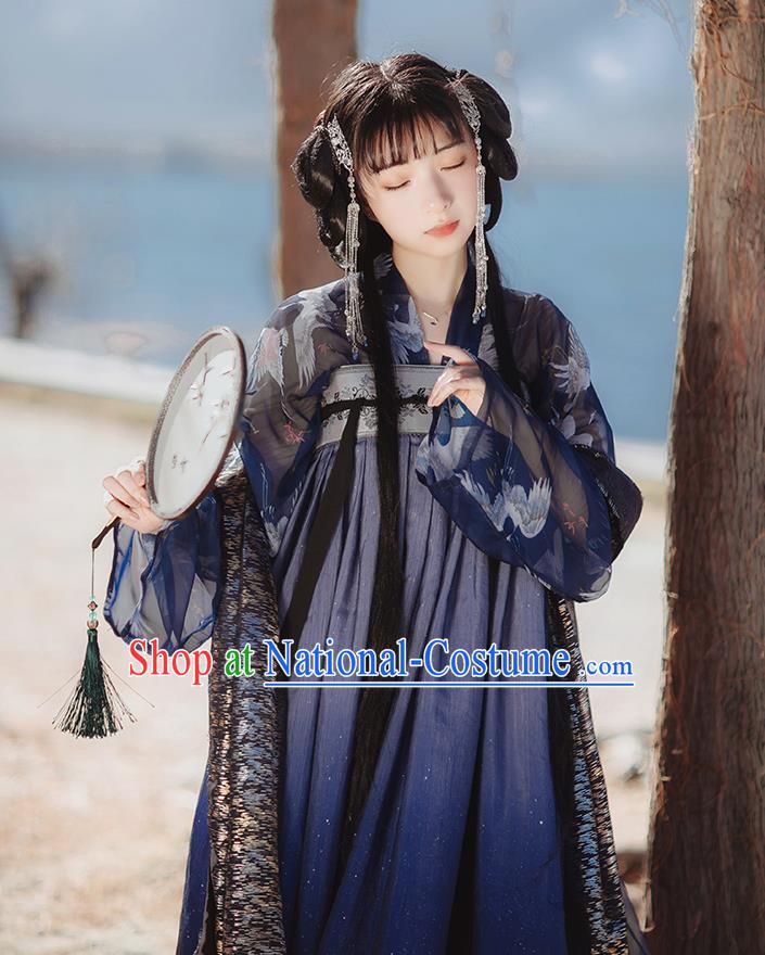 Chinese Tang Dynasty Court Lady Historical Costumes Traditional Hanfu Garment Ancient Princess Navy Blouse and Chiffon Dress for Women