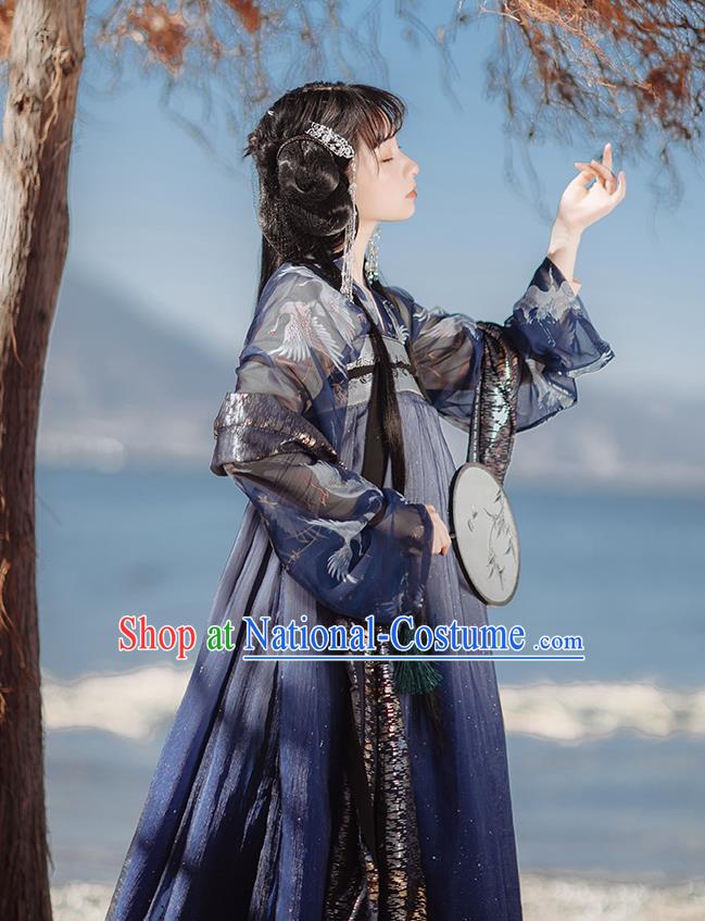 Chinese Tang Dynasty Court Lady Historical Costumes Traditional Hanfu Garment Ancient Princess Navy Blouse and Chiffon Dress for Women