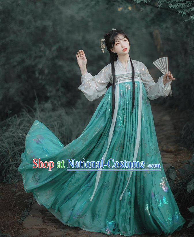 Chinese Tang Dynasty Royal Princess Historical Costumes Traditional Hanfu Garment Ancient Noble Lady Blouse and Green Chiffon Dress Full Set