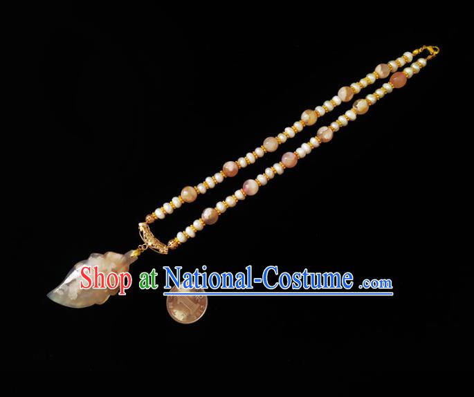 Chinese Handmade Stone Leaf Necklace Traditional Hanfu Jewelry Accessories Pearls Necklet for Women