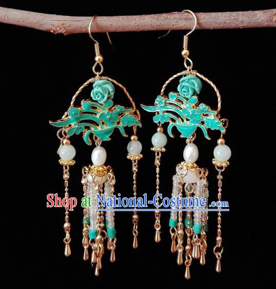 Chinese Handmade Earrings Traditional Hanfu Ear Jewelry Accessories Classical Qing Dynasty Green Basket Eardrop for Women