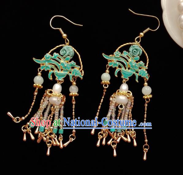 Chinese Handmade Earrings Traditional Hanfu Ear Jewelry Accessories Classical Qing Dynasty Green Basket Eardrop for Women