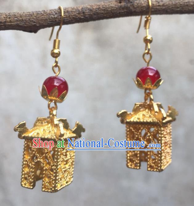 Chinese Handmade Earrings Traditional Hanfu Ear Jewelry Accessories Classical Qing Dynasty Golden Pavilion Eardrop for Women