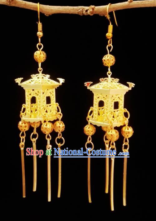 Chinese Handmade Tassel Earrings Traditional Hanfu Ear Jewelry Accessories Classical Qing Dynasty Golden Pavilion Eardrop for Women