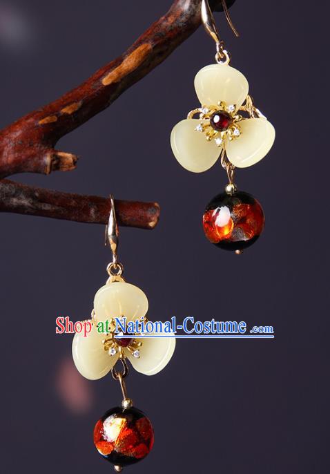 Traditional Chinese Yellow Flower Ear Accessories Handmade Eardrop National Cheongsam Garnet Earrings for Women