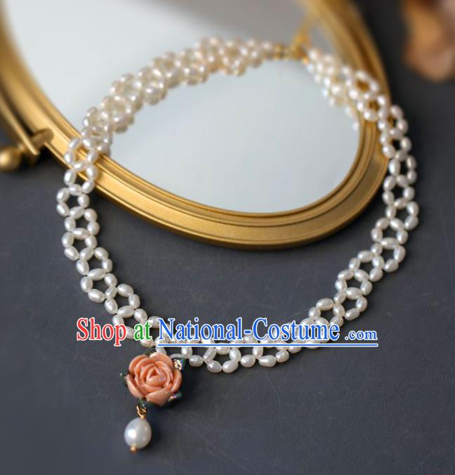 Baroque Handmade Pink Rose Necklace Jewelry Accessories European Retro Princess Necklet for Women