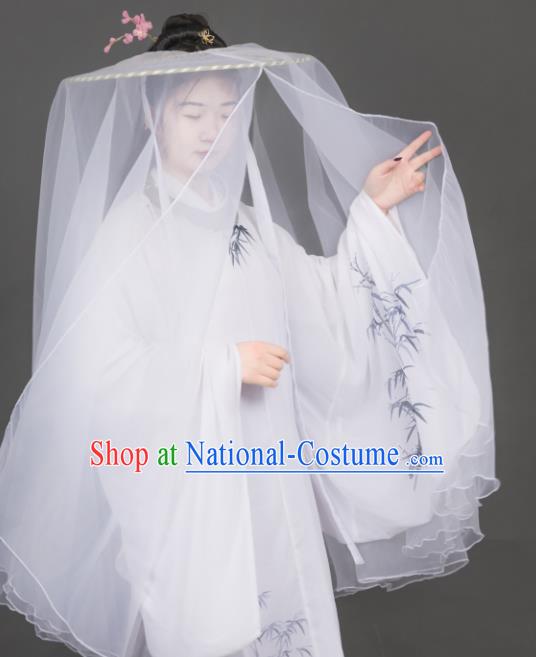 Chinese Traditional Ancient Female Swordsman Headwear Handmade Chivalrous Women Hanfu White Chiffon Bamboo Hat