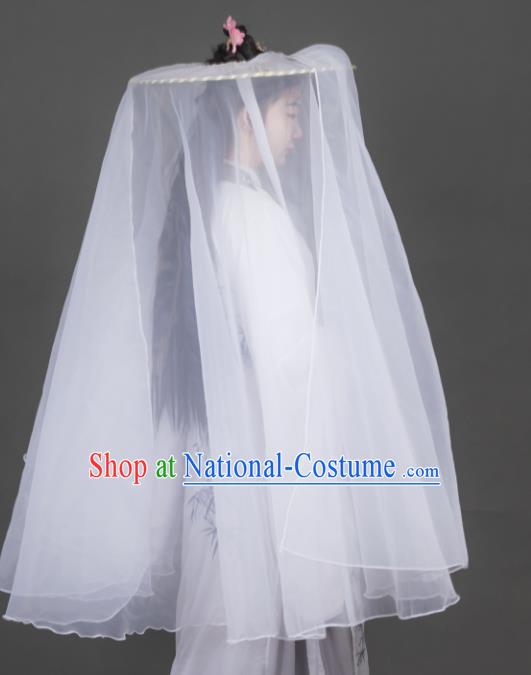 Chinese Traditional Ancient Female Swordsman Headwear Handmade Chivalrous Women Hanfu White Chiffon Bamboo Hat