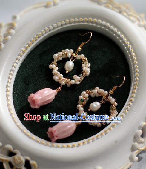 Princess Handmade Pearls Earrings Fashion Jewelry Accessories Classical Pink Preserved Flower Eardrop for Women