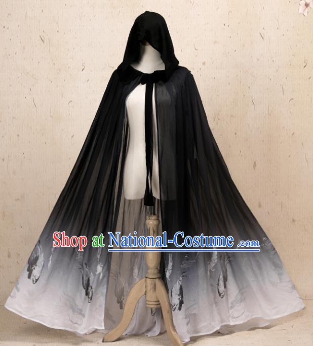 Traditional Chinese Hanfu Black Chiffon Cloak Ancient Costume Cape with Cap for Women